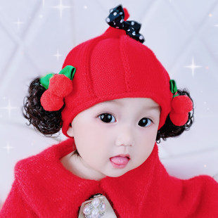 女の赤ちゃんかつら帽子新しい秋と冬のプリンセスかわいい 1 歳肥厚大きな赤いウールのベビー帽子