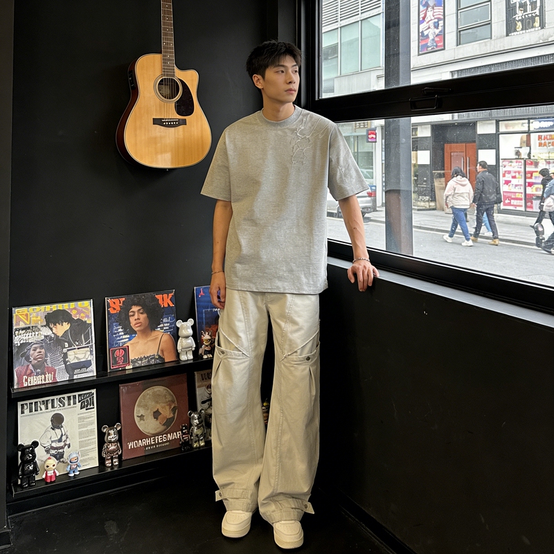 Summer Short-Sleeved T-Shirt, American Casual Trendy Brand, Five-Quarter Sleeves Paired with Workwear Trousers, Two-Piece Set for Men