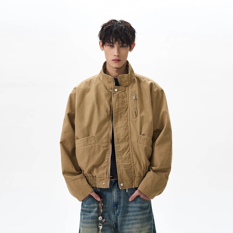 American Retro Bomber Stand-Collar Pilot Jacket for Men and Women in Spring and Autum, Boxy Short Barn-Style Workwear Jacket