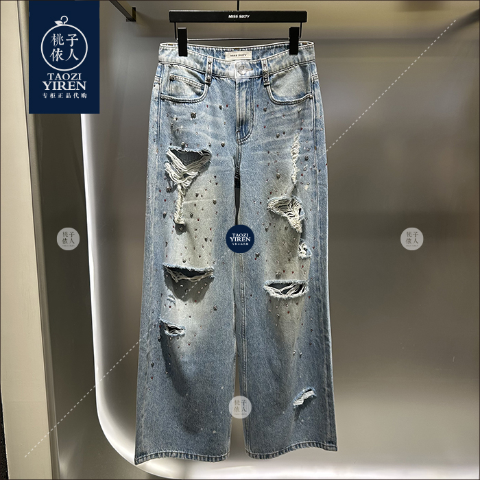 In-Stock Miss Sixty Genuine Product from the Store, 2026 Summer Rhinestone-Studded Ripped Straight-Leg Jeans 6M2Jj04700 In-Stock Miss Sixty Genuine Product from the Store, 2026 Summer Rhinestone-Studded Ripped Straight-Leg Jeans 6M2Jj04700