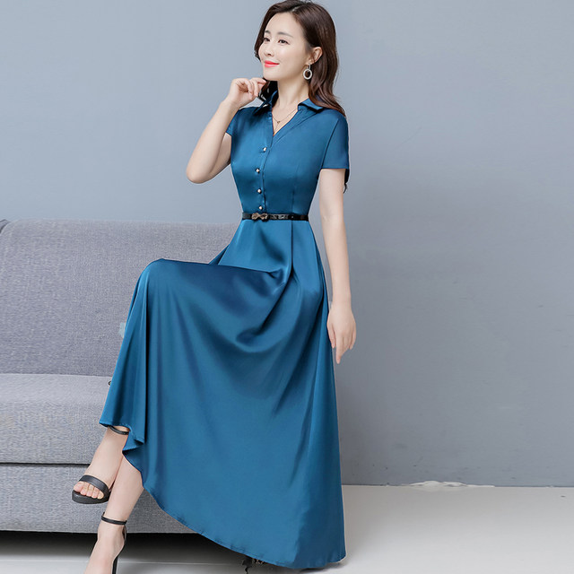 2023 Spring and Summer New Acetate Satin Long-sleeved Mother Dress Temperament Slim Covering Belly Solid Color Simulation Silk Dress