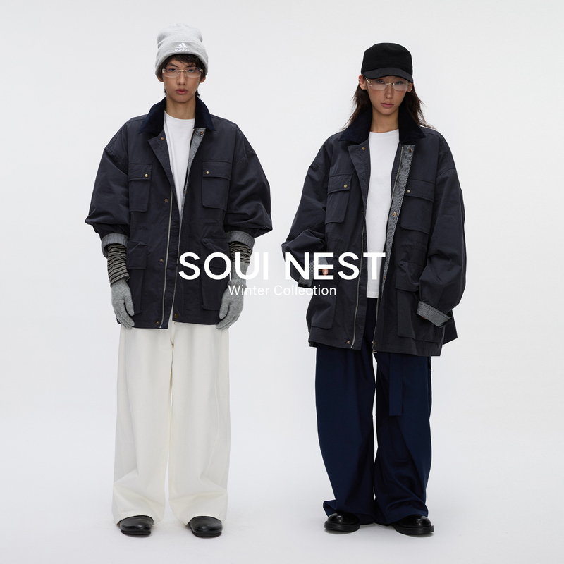 Soul Nest Loose Retro Navy Blue Mid-Length Multi-Pocket Zip-Up Lapel Jacket Unisex