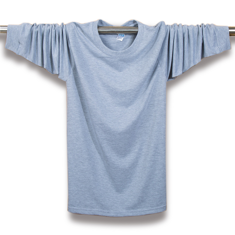 Mùa thu quần áo nam mới cộng với phân bón XL áo thun dài tay cotton cổ tròn màu rắn dài T thể thao giản dị bố béo áo thun nam