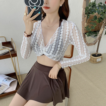 Swimsuit womens three-piece shirt 2021 new belly thin gathering students Korean bikini sexy hot spring