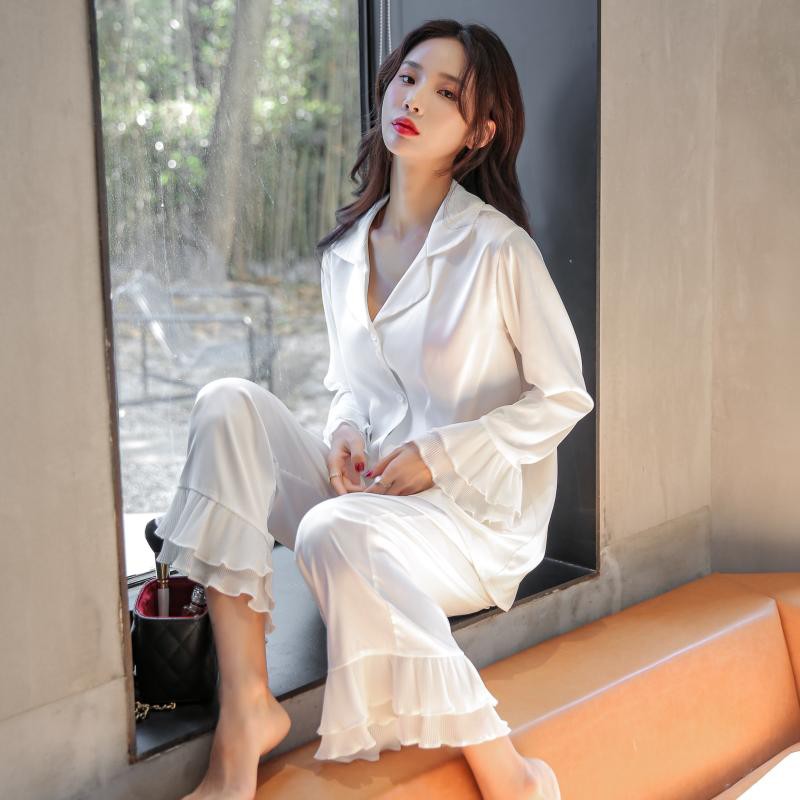 Pajamas women spring and autumn ice silk long sleeves home wear summer thin Korean version of fresh premium silk two-piece set