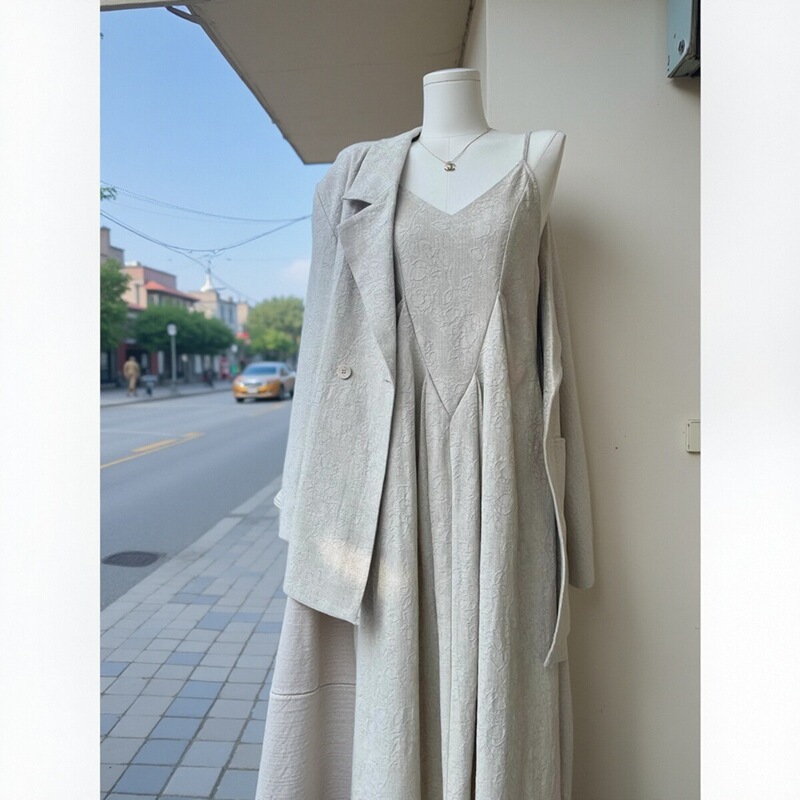 2026 Spring/Summer New Style Plus Size French Retro Strap Dress Long Dress with Elegant Jacket Two-Piece Set Thin