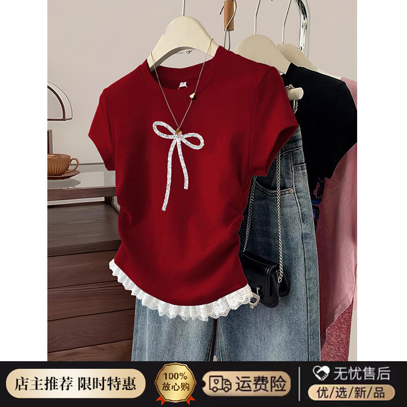 Plus-Size Korean Style Bow-Knot Patchwork Lace Trim Short-Sleeve T-Shirt for Women, Summer Waist-Cinching Slim-Fit Top