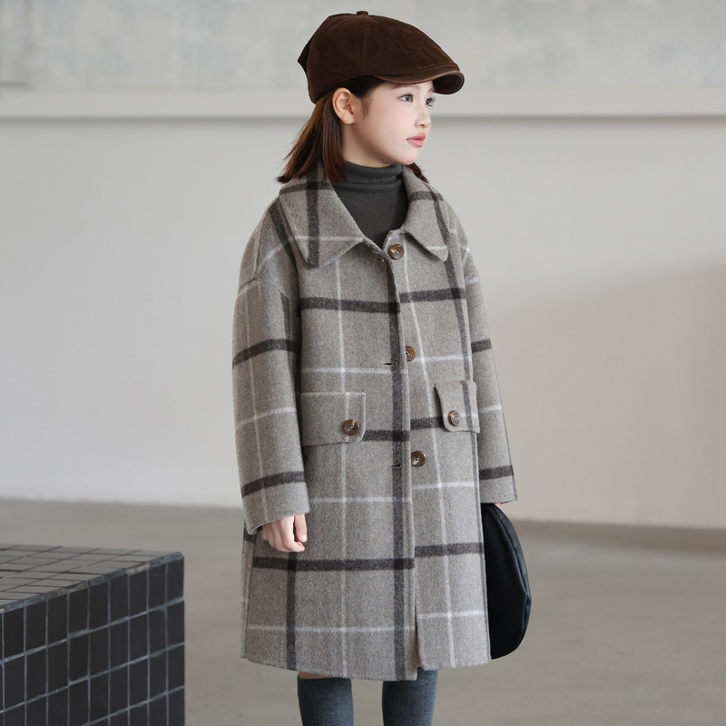 Korean-Style Children's Double-Sided Cashmere Coat, New Autumn and Winter Girls' Woolen Plaid Thickened Mid-Length Coat