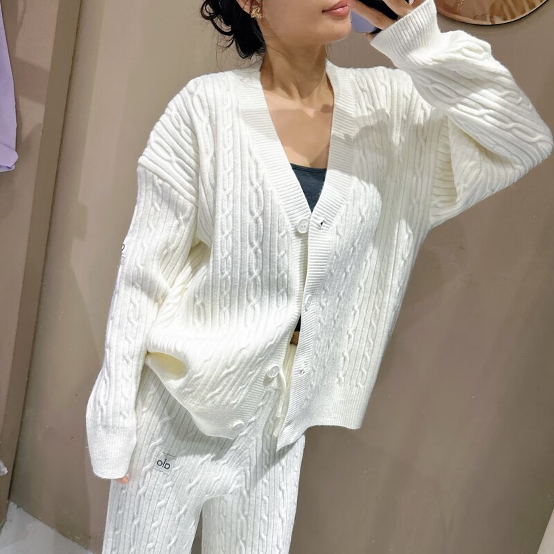 Alo Yoga Women's Cable Knit Cardigan Lazy V-Neck Loose Sweater Jacket Alo Yoga Women's Cable Knit Cardigan Lazy V-Neck Loose Sweater Jacket