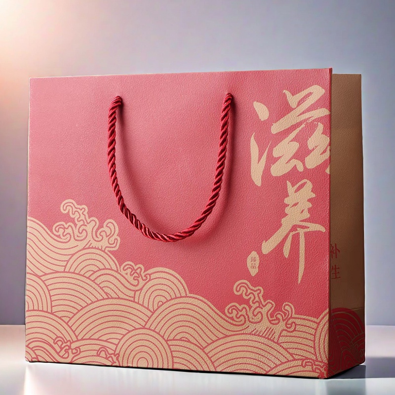 Nourishing Red Tote Bag for Precious Gifts, Fish Maw, Sea Cucumber, General-Purpose Wood Grain Paper Handbag, Cordyceps, Bird's Nest, and Tonic Products