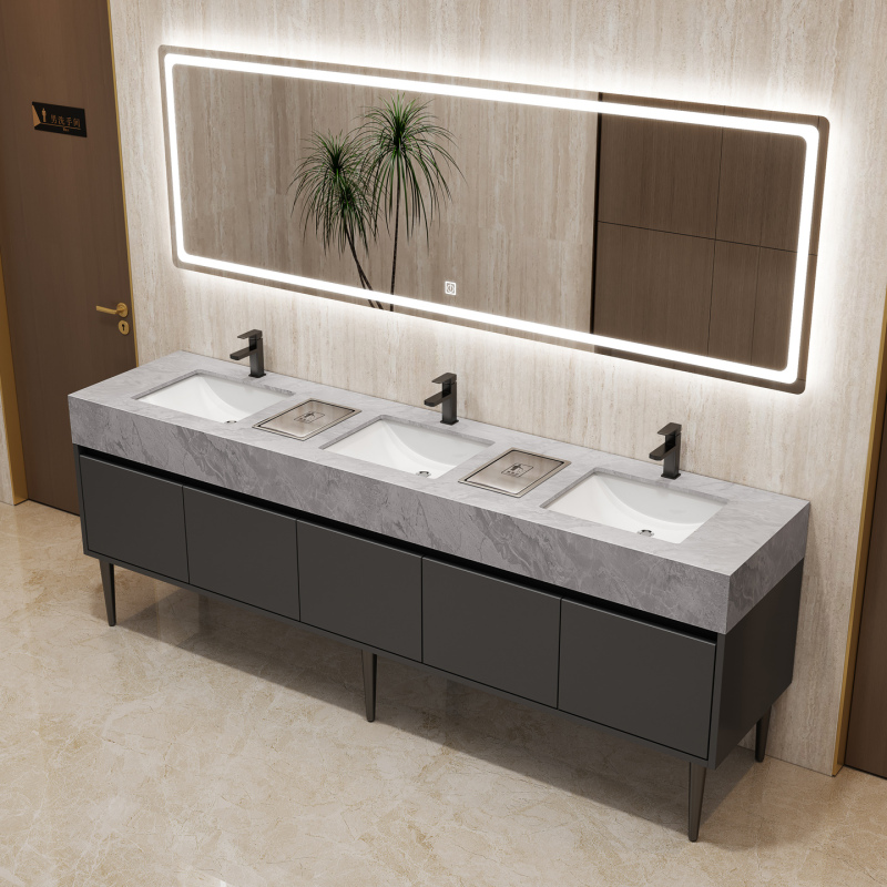 Double-Basin Marble Floor-Standing Bathroom Cabinet Set with Three Sinks for Public Restroom Washroom
