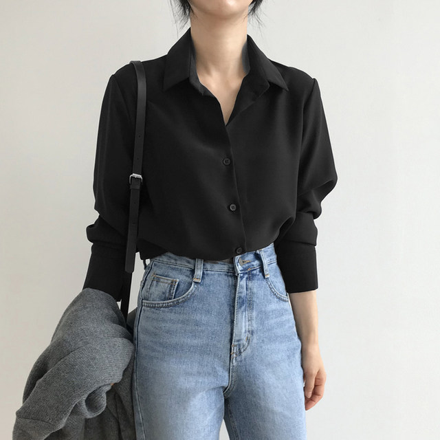 Chiffon shirt women's 2024 spring new Korean style loose slimming bottoming shirt black professional OL versatile top trendy
