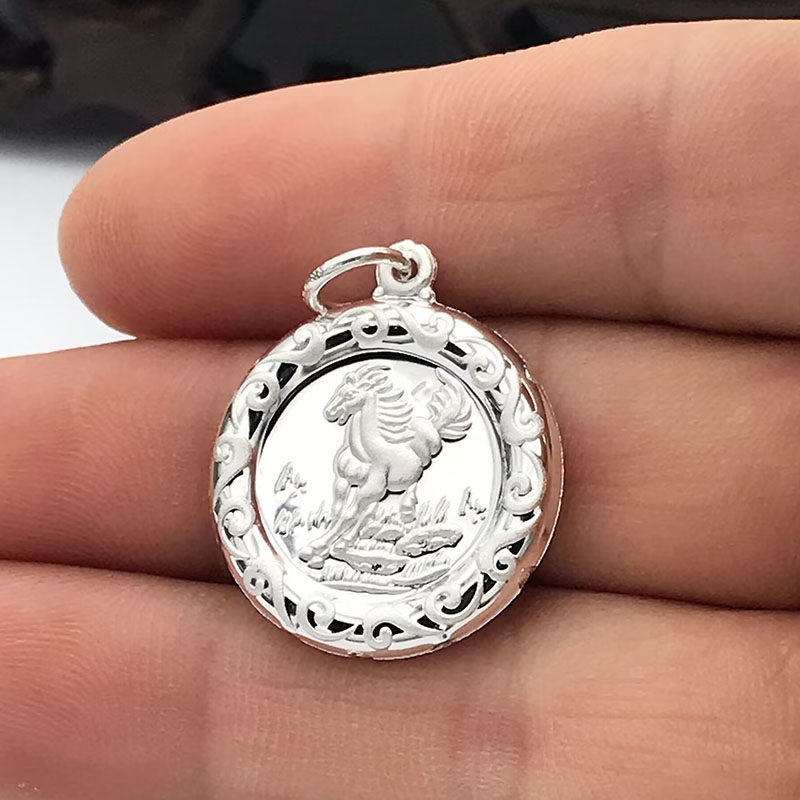S999 スターリングシルバー両面十二支ペンダント：子、丑、寅、卯、辰、巳、午、未、申、酉、戌、亥 - 幸運をもたらす丸型ネックレス