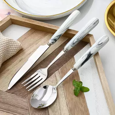 Nordic steak stainless steel knife and fork spoon set simple marble ceramic handle Golden Western tableware full set