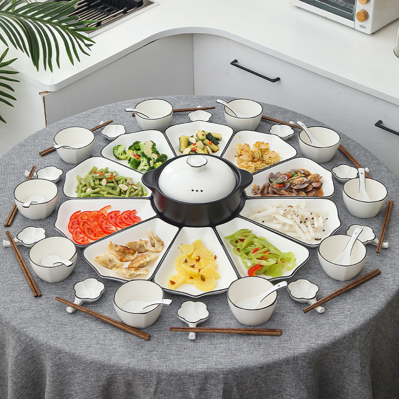 New Year Reunion Ceramic Platter Tableware Set, Tiktok Popular, Creative Large-Sized Round Table Dish Set for Home Use