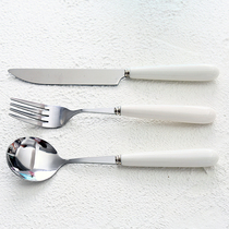 White pink blue green matte ceramic handle stainless steel knife and fork spoon European Western steak 3 pieces set simple style