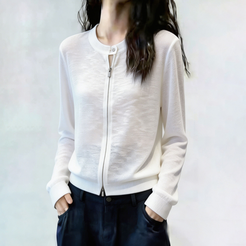 White Double-Zipper Long-Sleeved Knitted Cardigan for Women in Summer, High-End, Loose, Stylish, Age-Reducing, Sun-Protective Cardigan Top White Double-Zipper Long-Sleeved Knitted Cardigan for Women in Summer, High-End, Loose, Stylish, Age-Reducing, Sun-Protective Cardigan Top