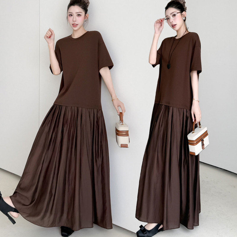 Summer Plus-Size Women's Clothing for Chubby Girls, Slimming and Tummy-Concealing, French-Style Patchwork, Flowing Dress, Vacation Over-The-Knee T-Shirt Long Dress