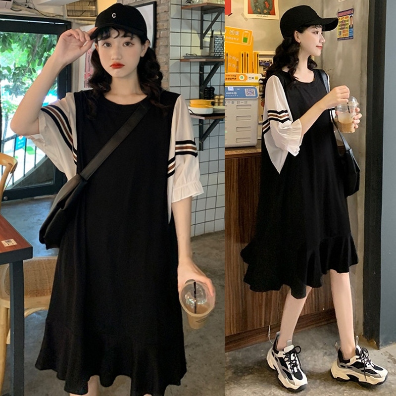 Summer Plus-Size Women's Clothing for Chubby Girls, Slimming and Tummy-Concealing Batwing Sleeve Patchwork T-Shirt Dress, Fake Two-Piece Loose Fishtail Skirt