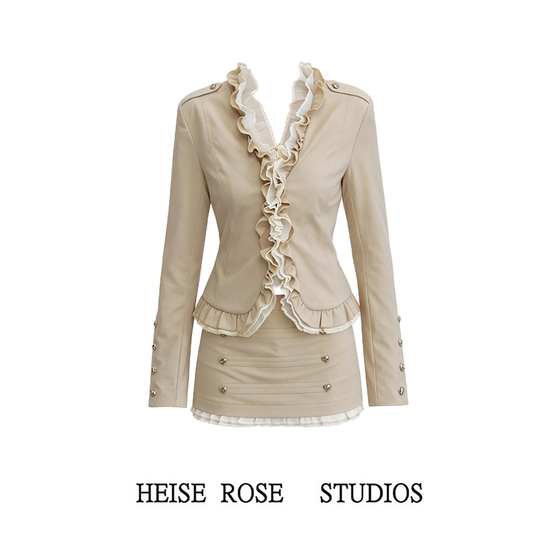 Wenyu Knight Design-Inspired Patchwork Ruffled Mesh Heart Buckle Waist-Cinching Jacket and Short Skirt Two-Piece Set Wenyu Knight Design-Inspired Patchwork Ruffled Mesh Heart Buckle Waist-Cinching Jacket and Short Skirt Two-Piece Set