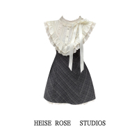 French retro plaid fake two-piece dress for women summer 2026 new style lace splicing gold-tone sleeveless short skirt