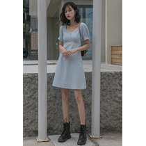 MZ can be salt and sweet denim skirt small dress square collar summer thin waist thin slim temperament skirt