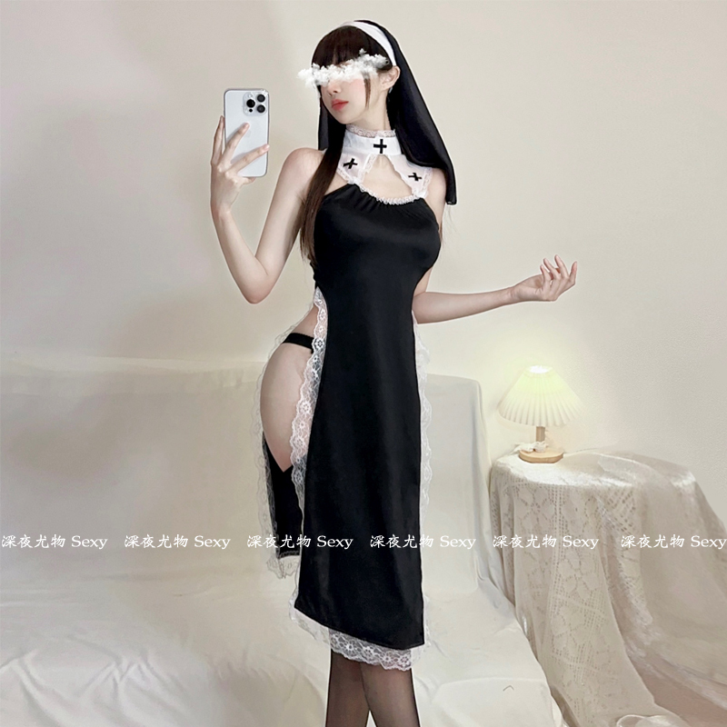 Sexy Nun Uniform Adult Lingerie for Sexual Intercourse, High-End Cosplay Role-Playing Bed Temptation Outfit Qqny