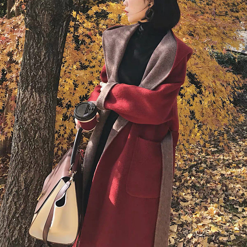 South Korea counter 2021 autumn/winter new hooded color-blocking double-sided cashmere coat women's high-end mid-length woolen coat