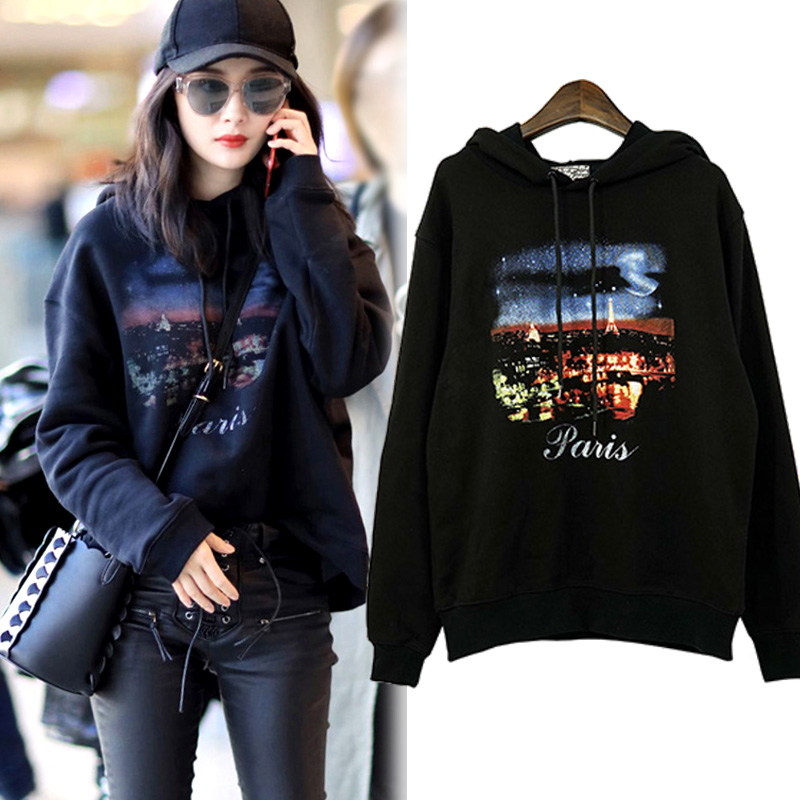 Trendy brand 2021 autumn new casual women's top plus velvet printed hooded sweatshirt winter long-sleeved loose coat