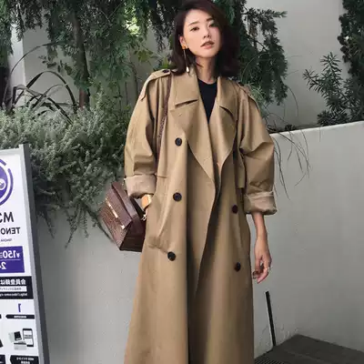 Hong Kong counter 2021 new knee military green trench coat women double breasted loose thin long version coat coat tide