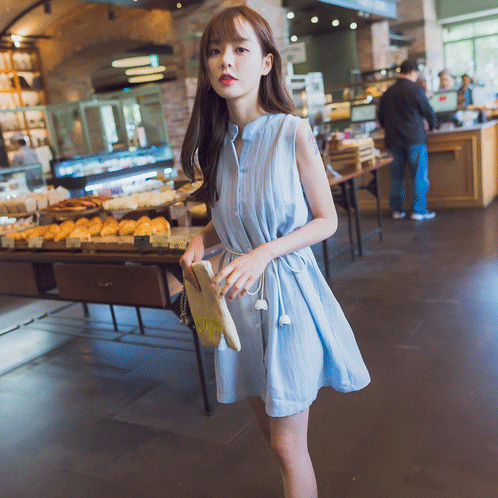Special cabinet Summer new Han version Small guy sleeveless slim shirt dress cotton linen blue to collect waist dress