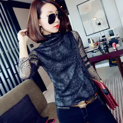 Counter 2021 Spring and Autumn new sexy lace slim slim top high collar temperament long sleeve pullover base shirt Women