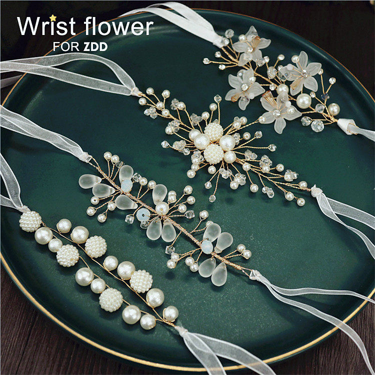 Han Style Brief Imitation Pearl Bridal Bridesmaid's Wrist Flower Sisters Wedding Bracelet Children Perform Hand in hand to tie flowers