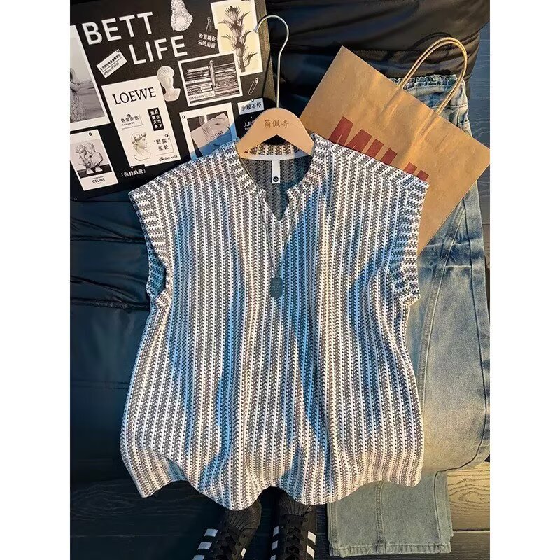 American-Style Trendy Brand Fishbone Pattern Vest for Men, Summer V-Neck Sleeveless T-Shirt, Loose Casual Sports Undershirt, Student T-Shirt