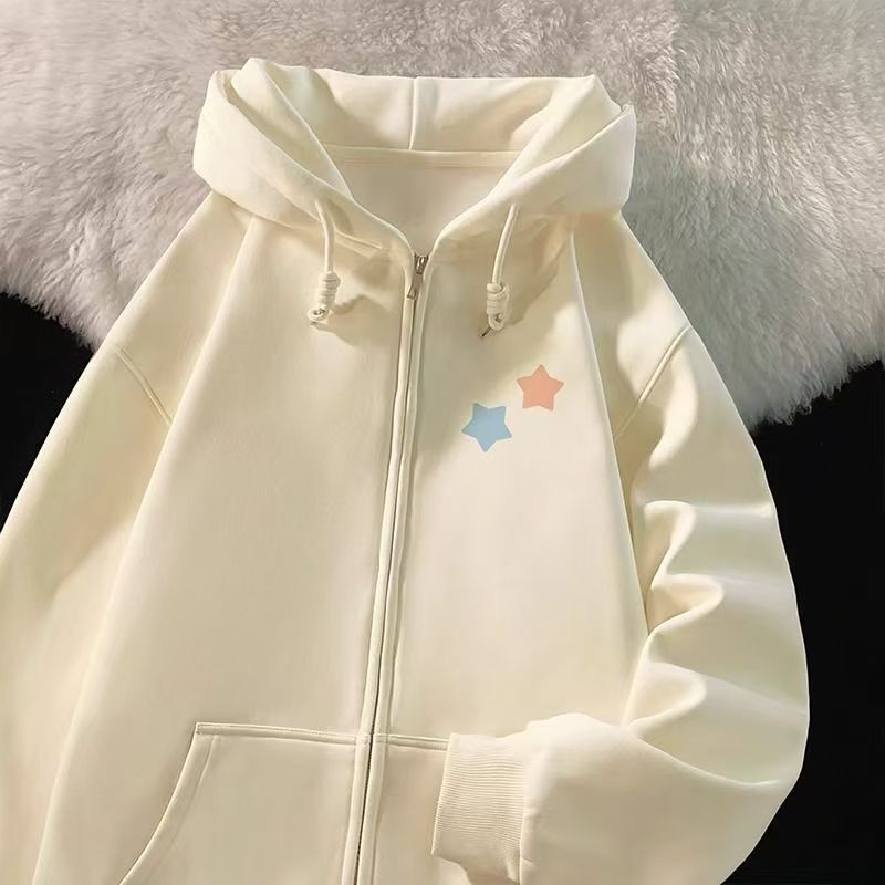 Girls' Spring and Autumn New Style Unique Design Hooded Sweatshirt, Older Children's Autumn and Winter Fleece-Lined Loose Zipper Cardigan Jacket