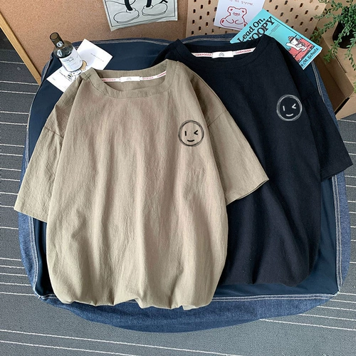 Японская летняя футболка с коротким рукавом, из хлопка и льна, оверсайз, свободный крой, короткий рукав