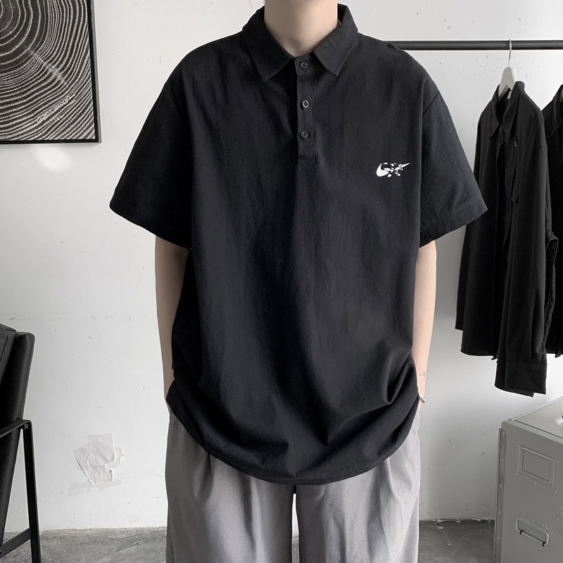 Summer port Wind pure cotton polo shirt male printed chic day of vintage retro collar T-shirt student minimalist casual short sleeve