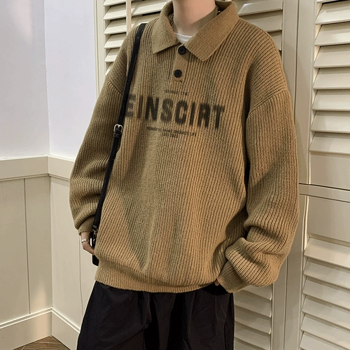 Японский ретро демисезонный свитер, лонгслив, воротник поло, оверсайз