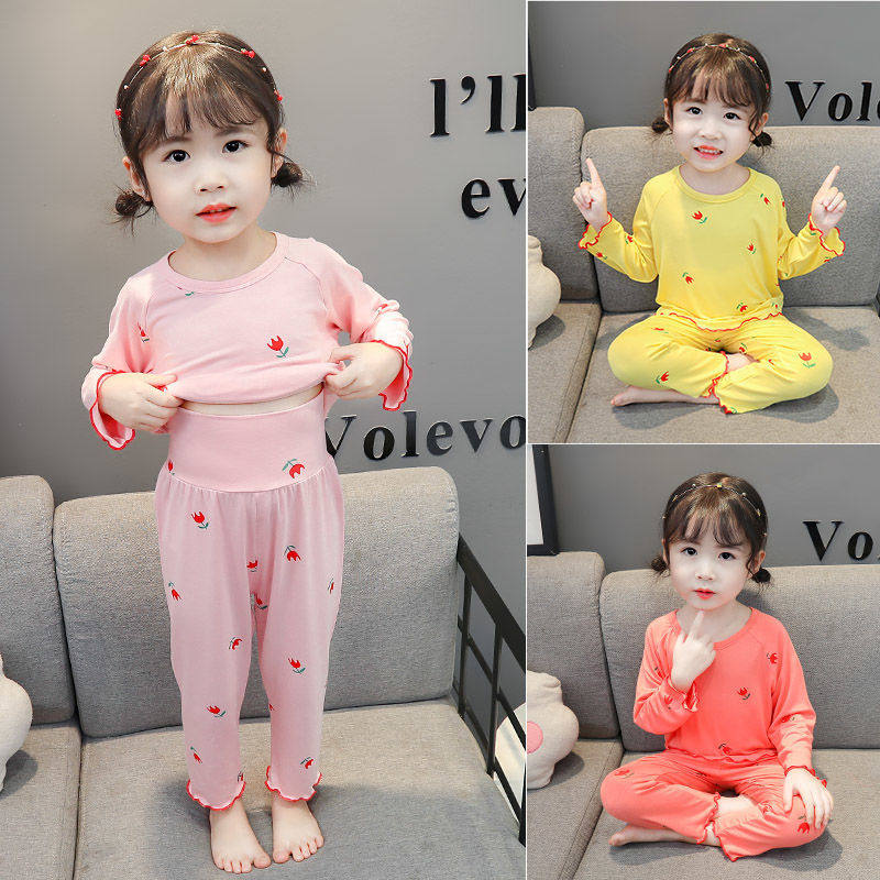 Girl Modale suit children High waist protective belly long sleeve pyjamas suit new pure cotton cute autumn style home clothes