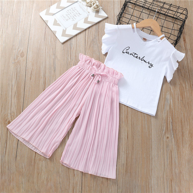 2019 new girls children's summer suit wide leg mesh two-piece set fashion cotton top middle child leisure