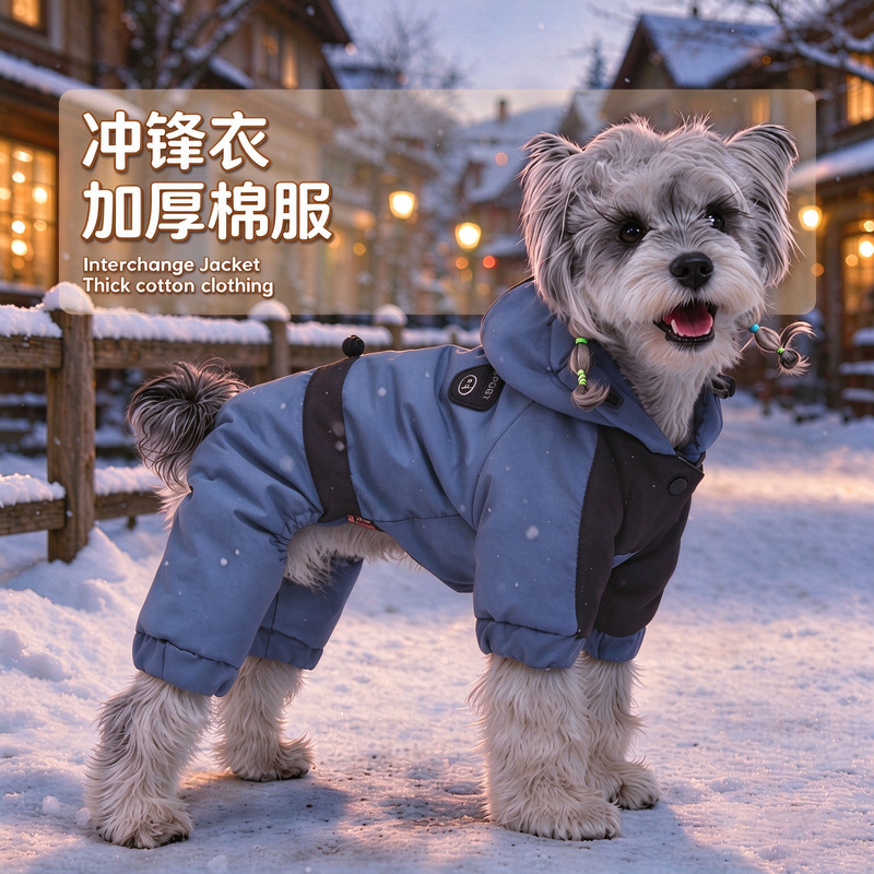 Pet Cotton Coat with Hood, Waterproof Four-Legged Hooded Winter Thickened Clothing, Graphite Clothing for Bichon and Teddy