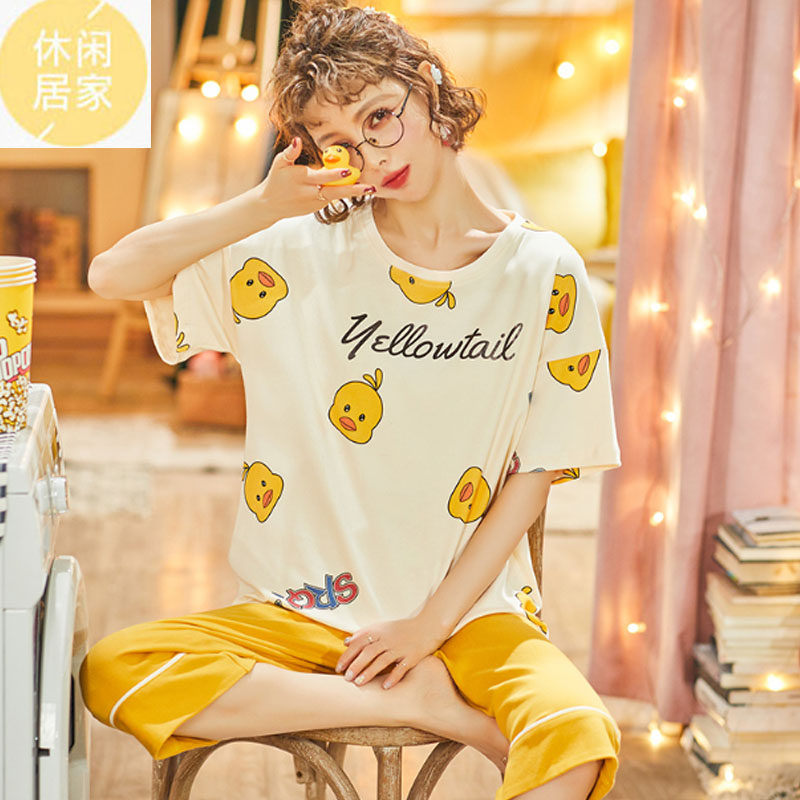 Pajamas women summer 2023 new fashion pure cotton thin seven pants set short sleeve two cute pants