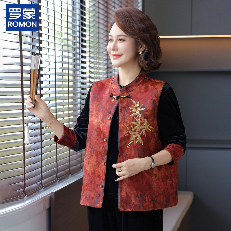 Romon Young Mom's Spring Outfit, Velvet Three-Piece Set, Elegant Floral Vest, Middle-Aged and Elderly Women's Casual Suit