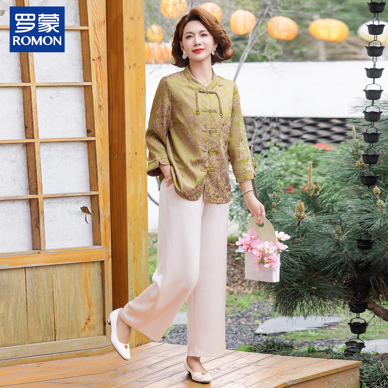 Romon Mother's Day Summer Outfit Set for Moms, Elegant and Stylish Floral Chinese-Style Top for Middle-Aged and Elderly Women, Two-Piece Set