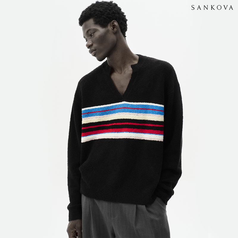 Sankova Wool Color-Block Striped V-Neck Knit Oversized Sweater Vintage Color Lazy Pullover Knit Unisex