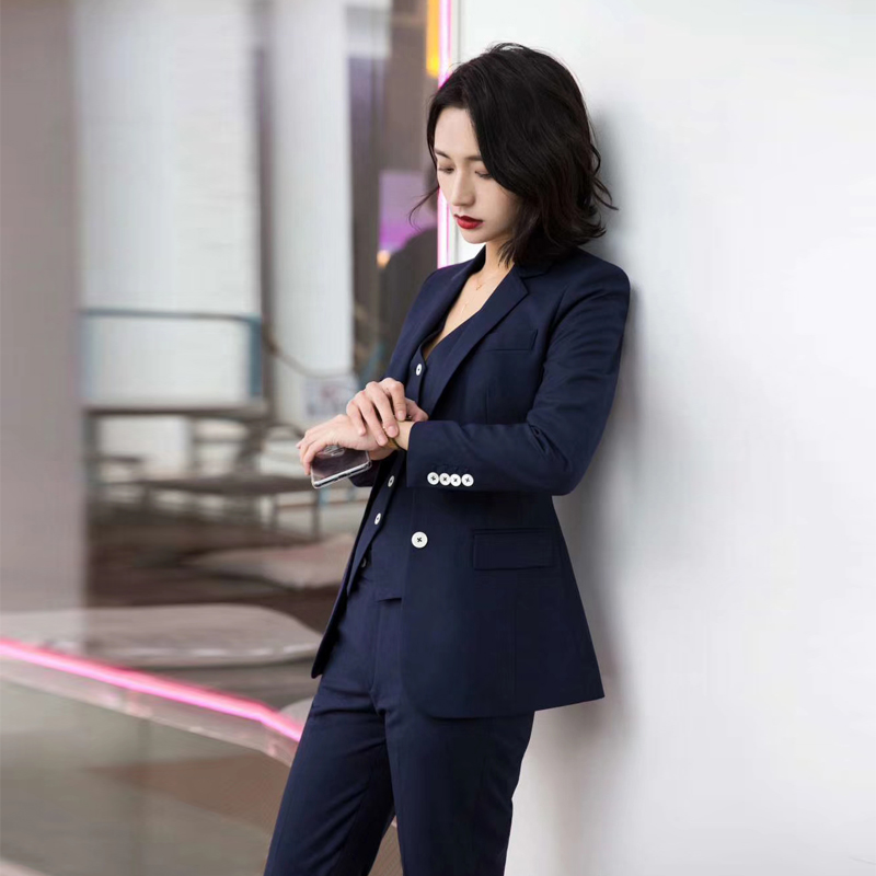 Autumn and winter new navy blue suit three-piece professional host suit jacket slim waistcoat smoke pipe pants suit for women