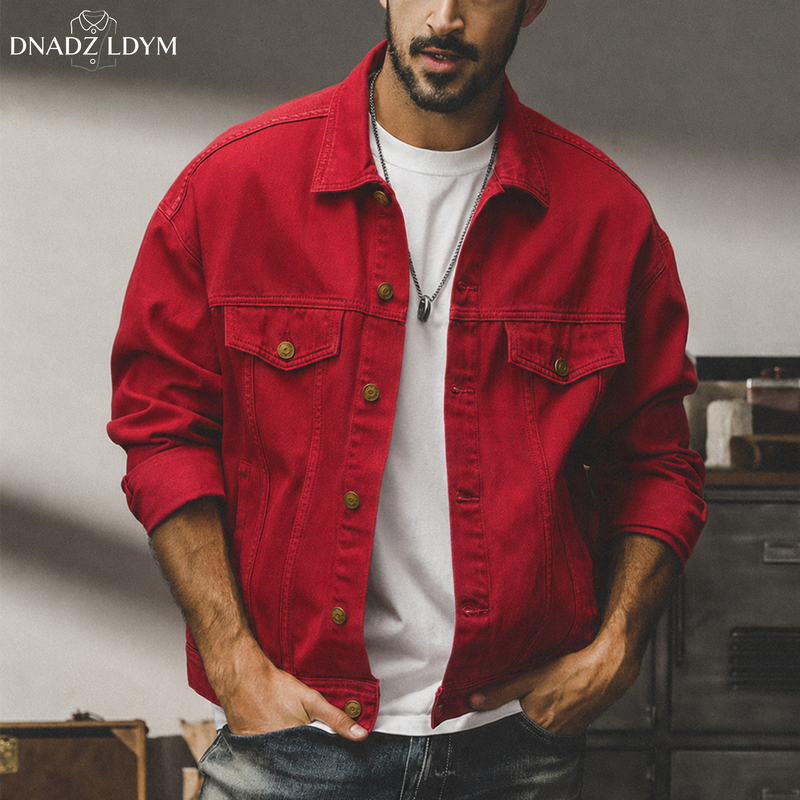 New Year Red Denim Jacket for Men, Trendy Workwear with Turn-Down Collar, Multi-Pocket, Festive, Versatile Turn-Down Collar Jacket for Men New Year Red Denim Jacket for Men, Trendy Workwear with Turn-Down Collar, Multi-Pocket, Festive, Versatile Turn-Down Collar Jacket for Men