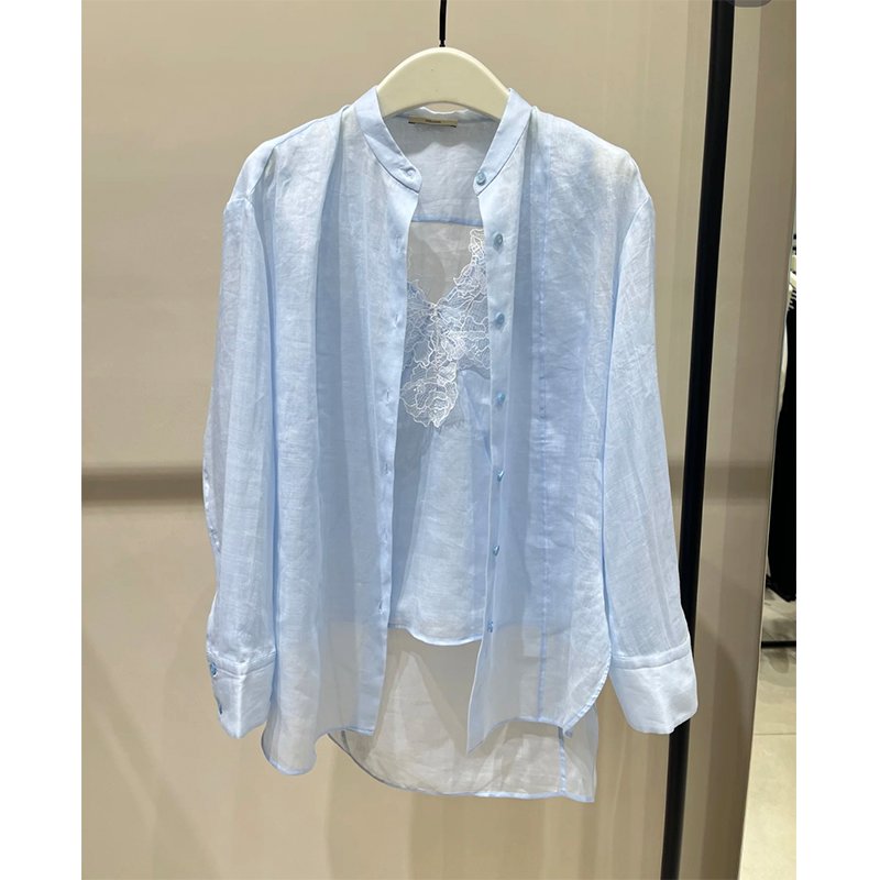 [Same Style as Gao Yuanyuan] Ed Pure Original In-Stock Quick Delivery Summer Ramie Lace Vest Shirt Two-Piece Set