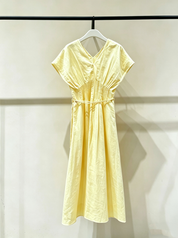 Ed Pure Original 2026 Summer New Handmade Pleated Ramie Dress Yellow Long Dress