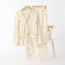 Pyjama en pur coton pour femme gaze de coton cardigan de printemps et dété cravate kimono manches trois-quarts fines vêtements de maison costume deux pièces